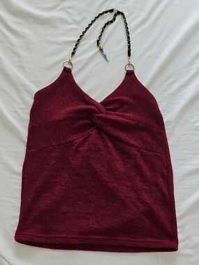 D.i.a Gyaru Burgundy Red Knit Tank Top with Chain Straps And Crystal Charm